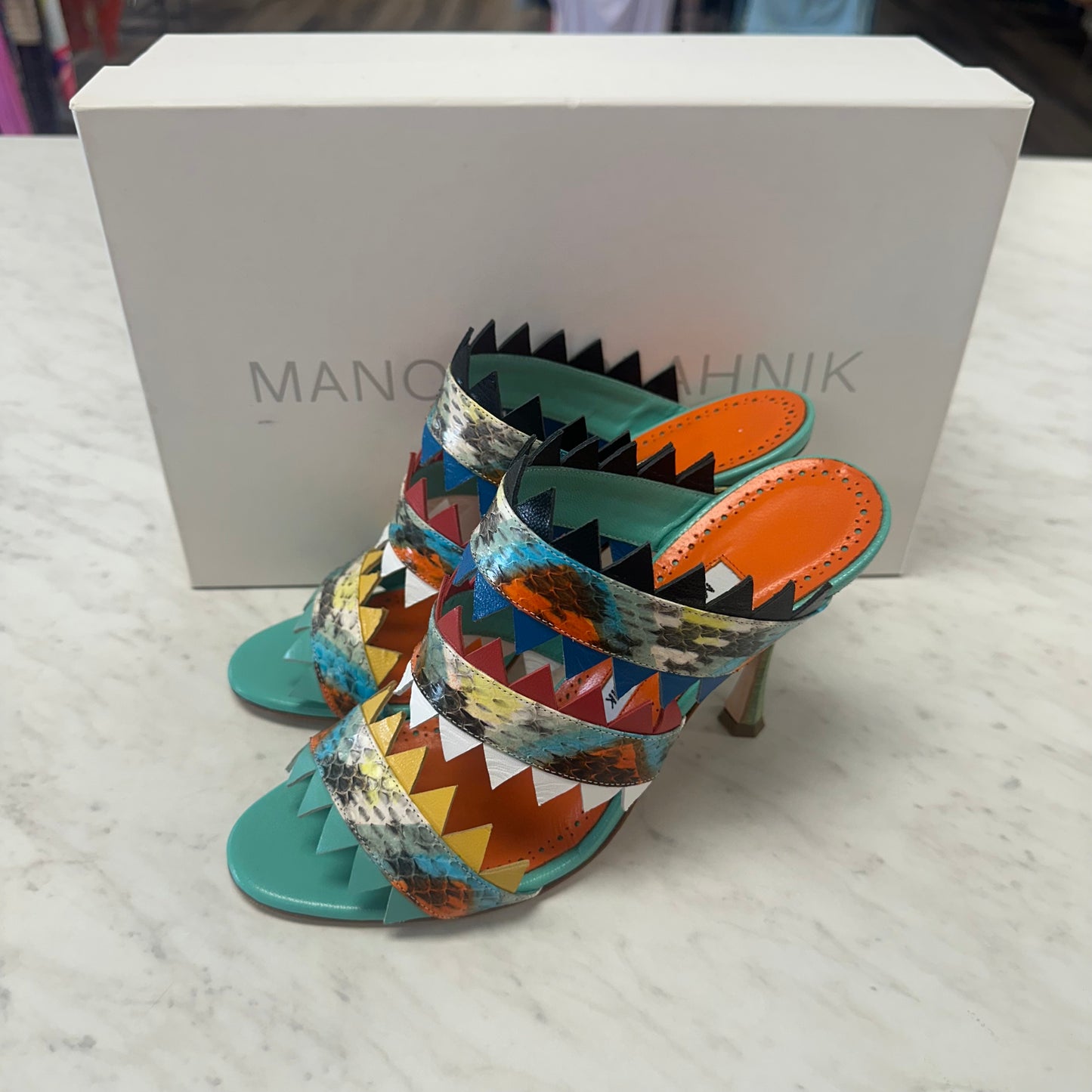 NEW Manila Blahnik 6.5/37 Teal Snake High Heels