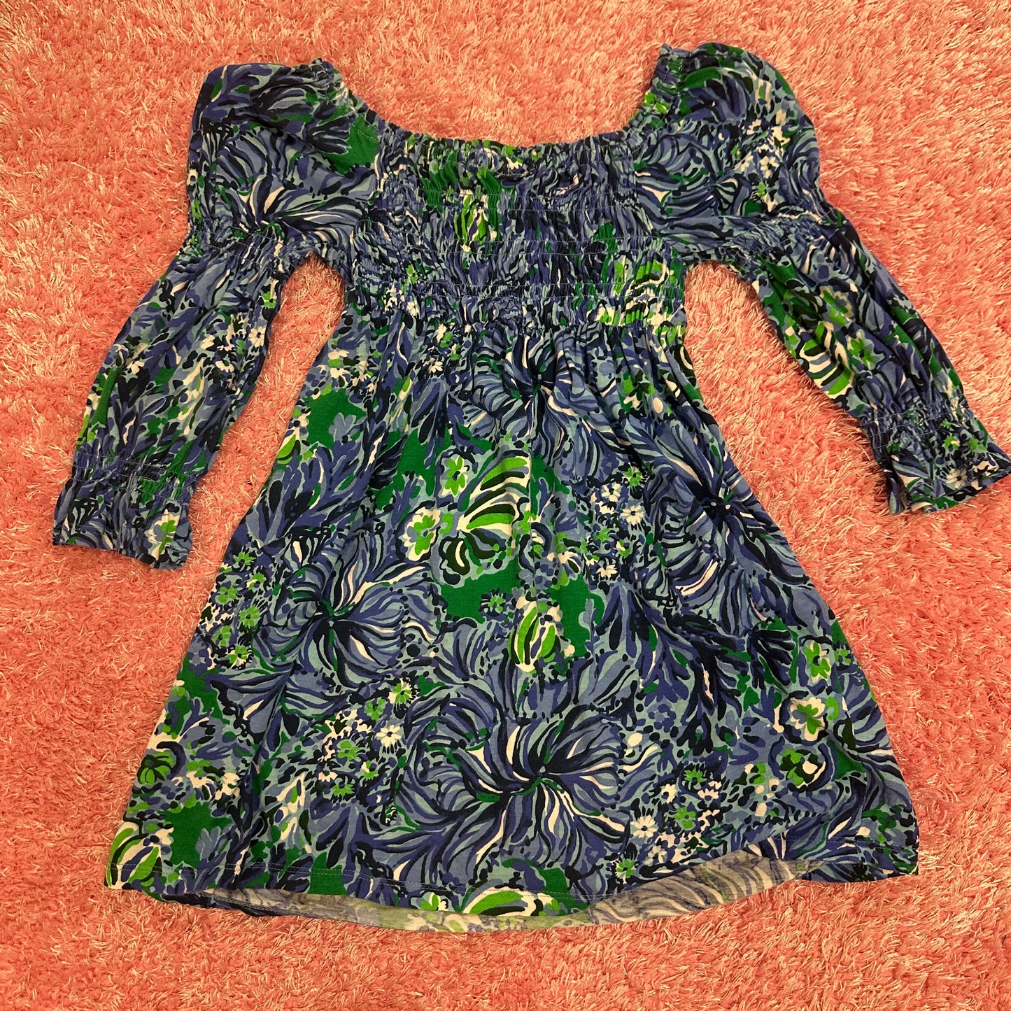 Girls Lily Pultizer M(6/7) Blue/Green Off the Shoulder Dress w/ Pockets