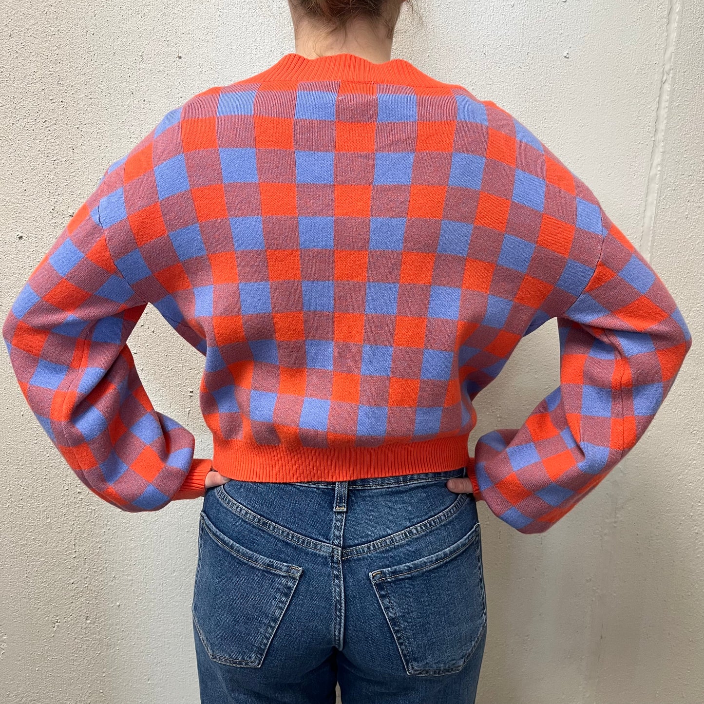 Dee Elly M Red/Blue Checkered Buttoned Sweater