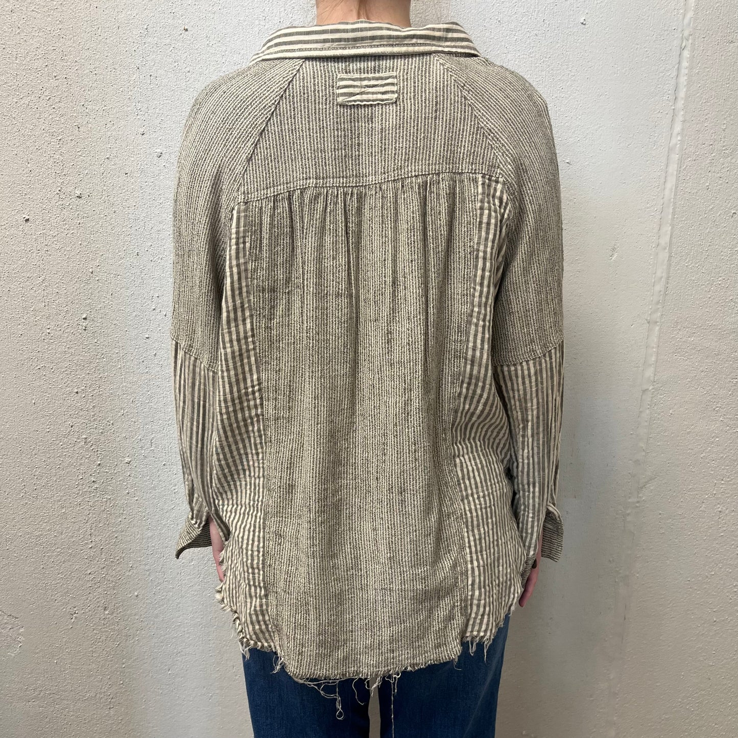 BKE M Dark Olive Variegated Stripe Oversized Top