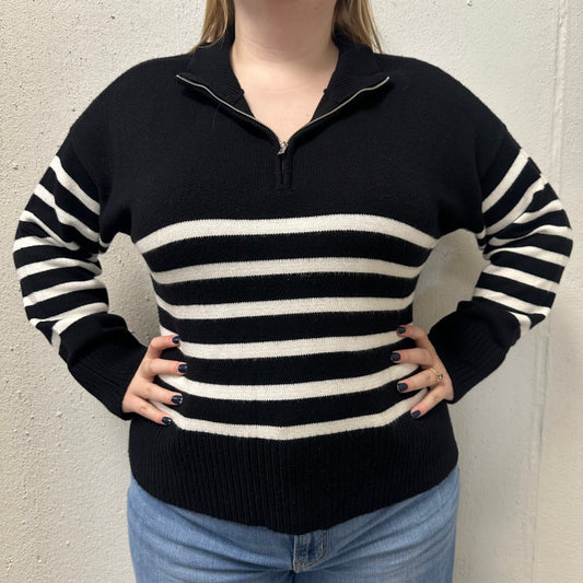 DKNY XL Black/White Stripped Half Zip Sweater