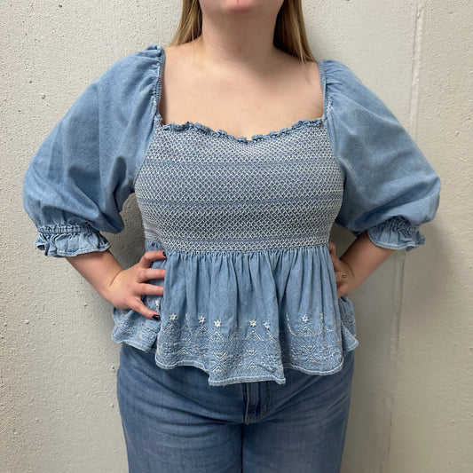 American Eagle XL Blue Smocked Square Neck Babydoll Top