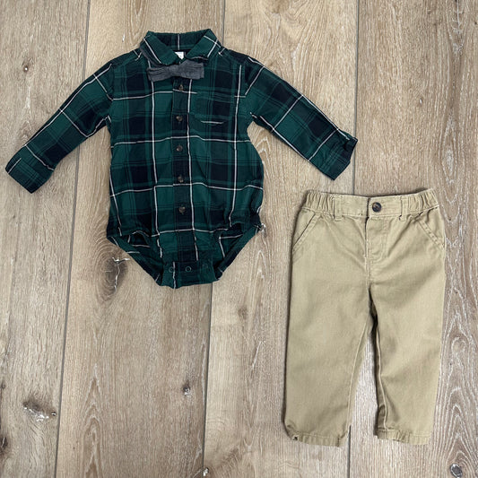 Baby Carters 12M Green Flannel Top with Khaki Bottoms Set