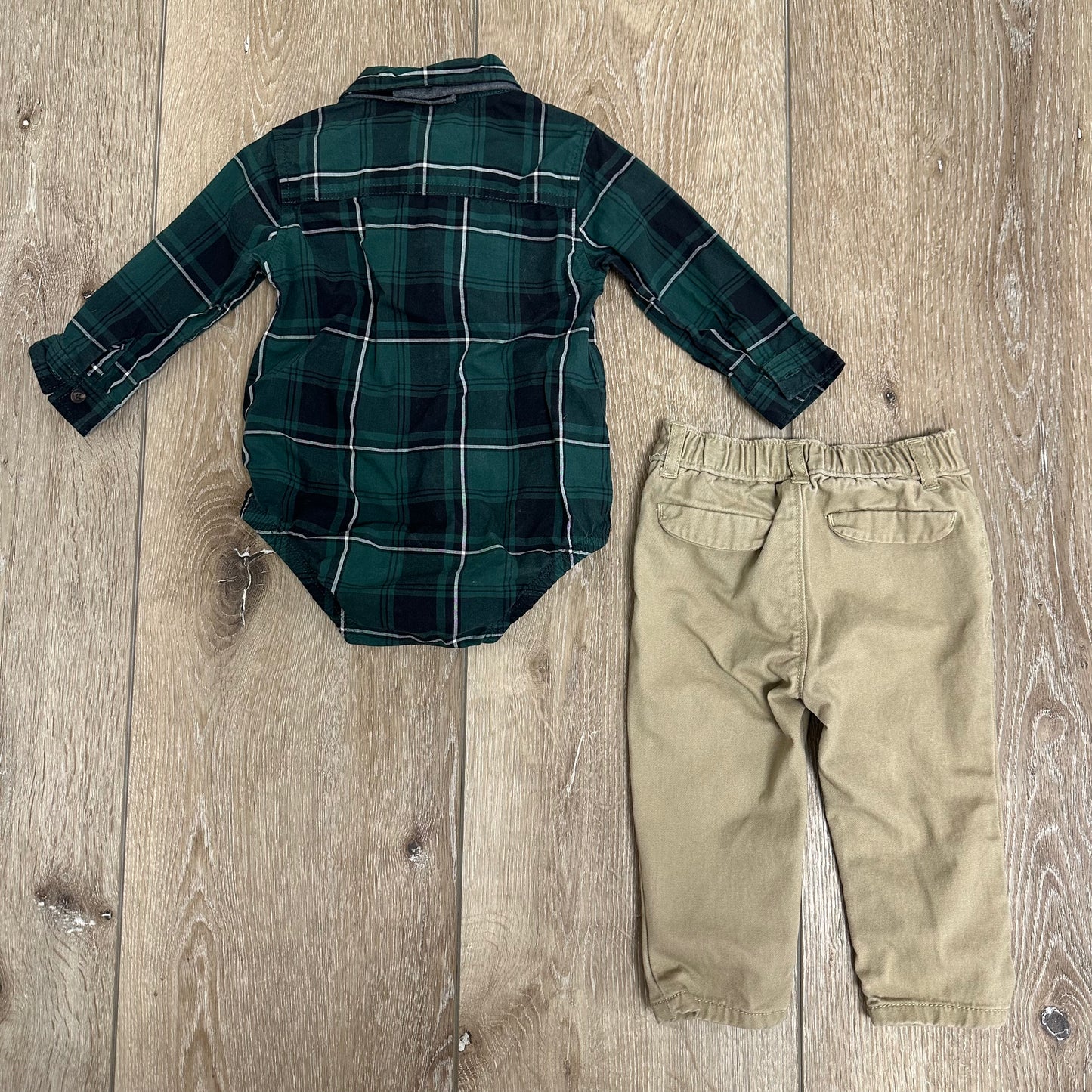 Baby Carters 12M Green Flannel Top with Khaki Bottoms Set