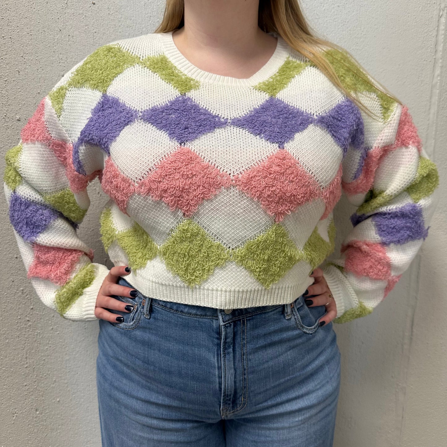Petal Dew L Green/White/Purple/Pink Diamond Cropped Sweater