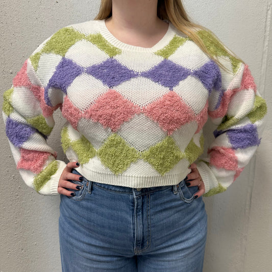 Petal Dew L Green/White/Purple/Pink Diamond Cropped Sweater
