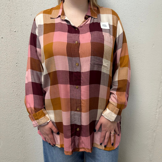 NWT Old Navy XL Pink/Brown Buttoned Flannel