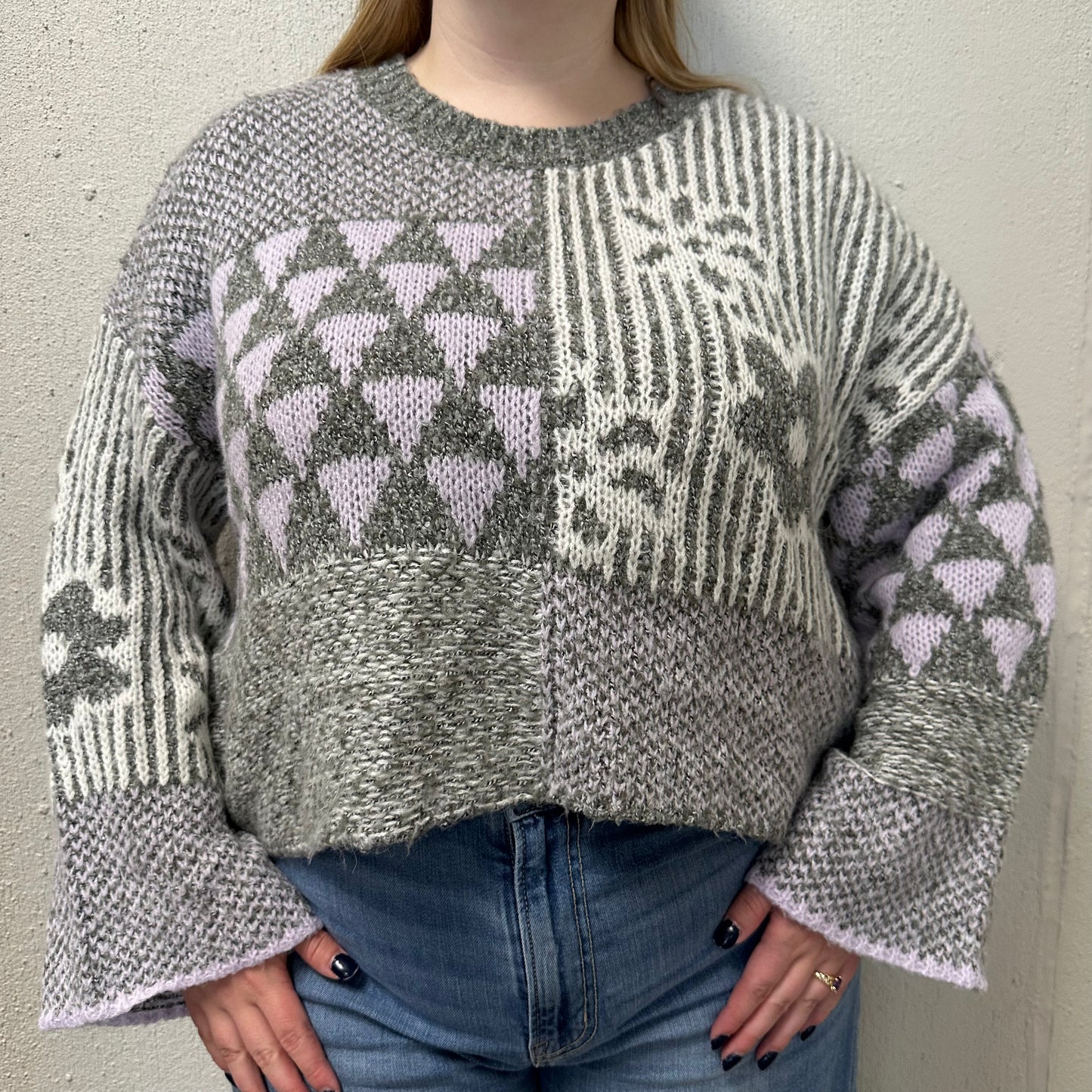 Sincerely Jules L Grey Oversized Patchwork Knit Sweater