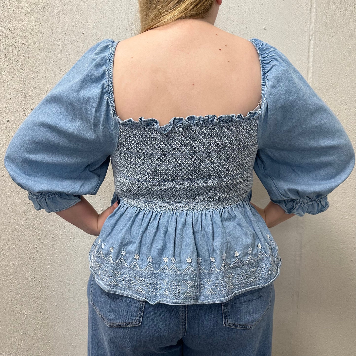 American Eagle XL Blue Smocked Square Neck Babydoll Top