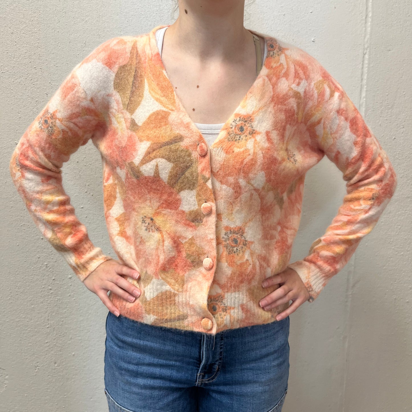 Bartolini S Floral Orange Buttoned Sweater