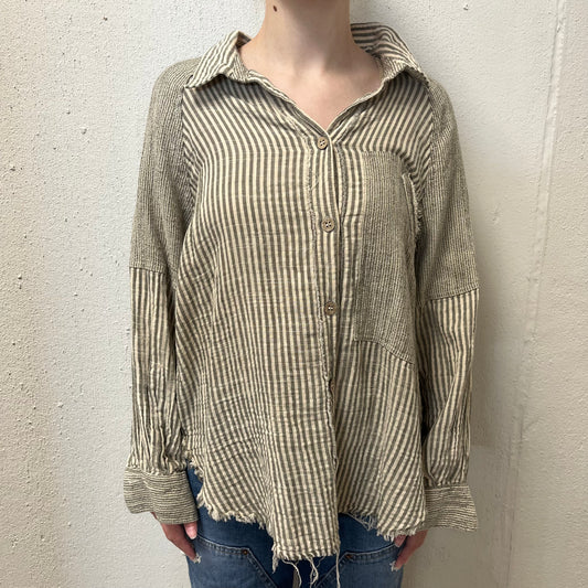 BKE M Dark Olive Variegated Stripe Oversized Top