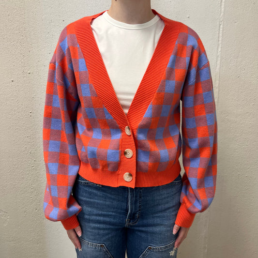 Dee Elly M Red/Blue Checkered Buttoned Sweater
