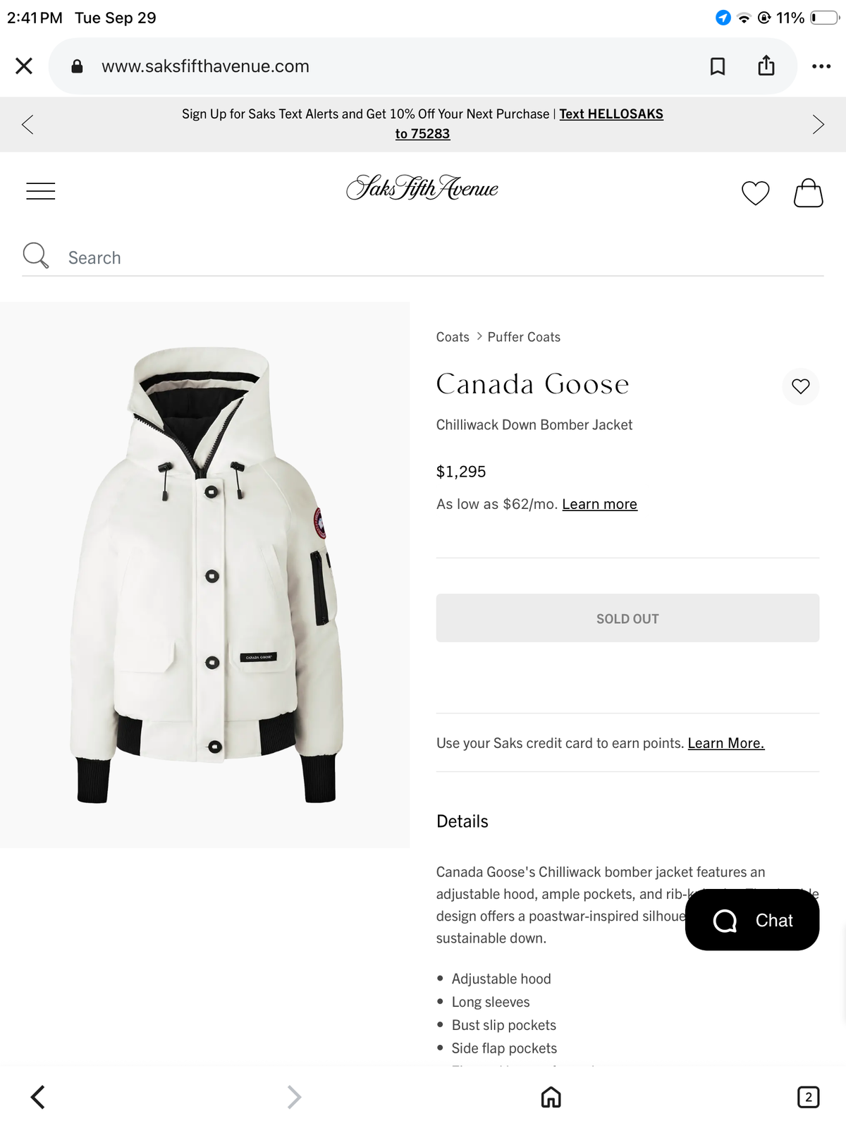 Canada Goose XS Chilliwack Down puffer jacket